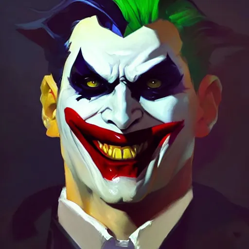 Prompt: Greg Manchess portrait painting of Joker as Overwatch character, medium shot, asymmetrical, profile picture, Organic Painting, sunny day, Matte Painting, bold shapes, hard edges, street art, trending on artstation, by Huang Guangjian and Gil Elvgren and Sachin Teng