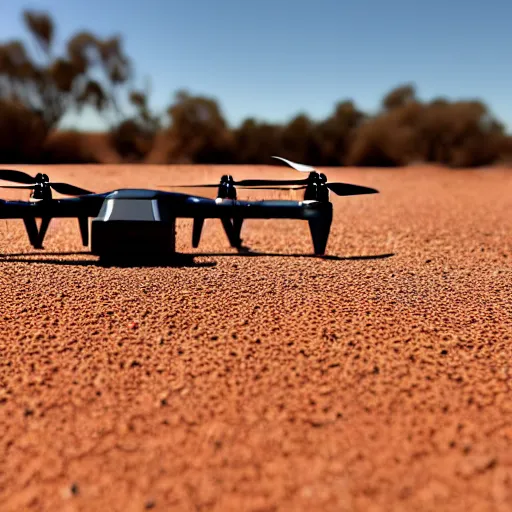 Prompt: industrial extrusion nozzle on flying radio controlled drone, extruding a clay mixture, in the australian desert, XF IQ4, 150MP, 50mm, F1.4, ISO 200, 1/160s, dawn