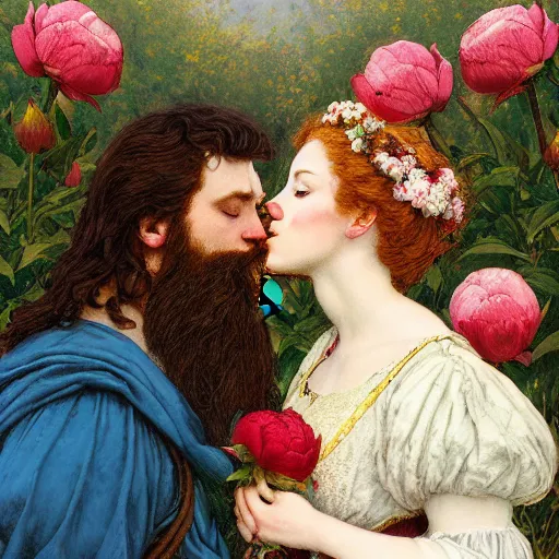 Image similar to a white skinned red bearded viking and an brown skinned princess kiss in a field of peonies, masterpiece, highly detailed, oil on canvas, art by rebecca guay