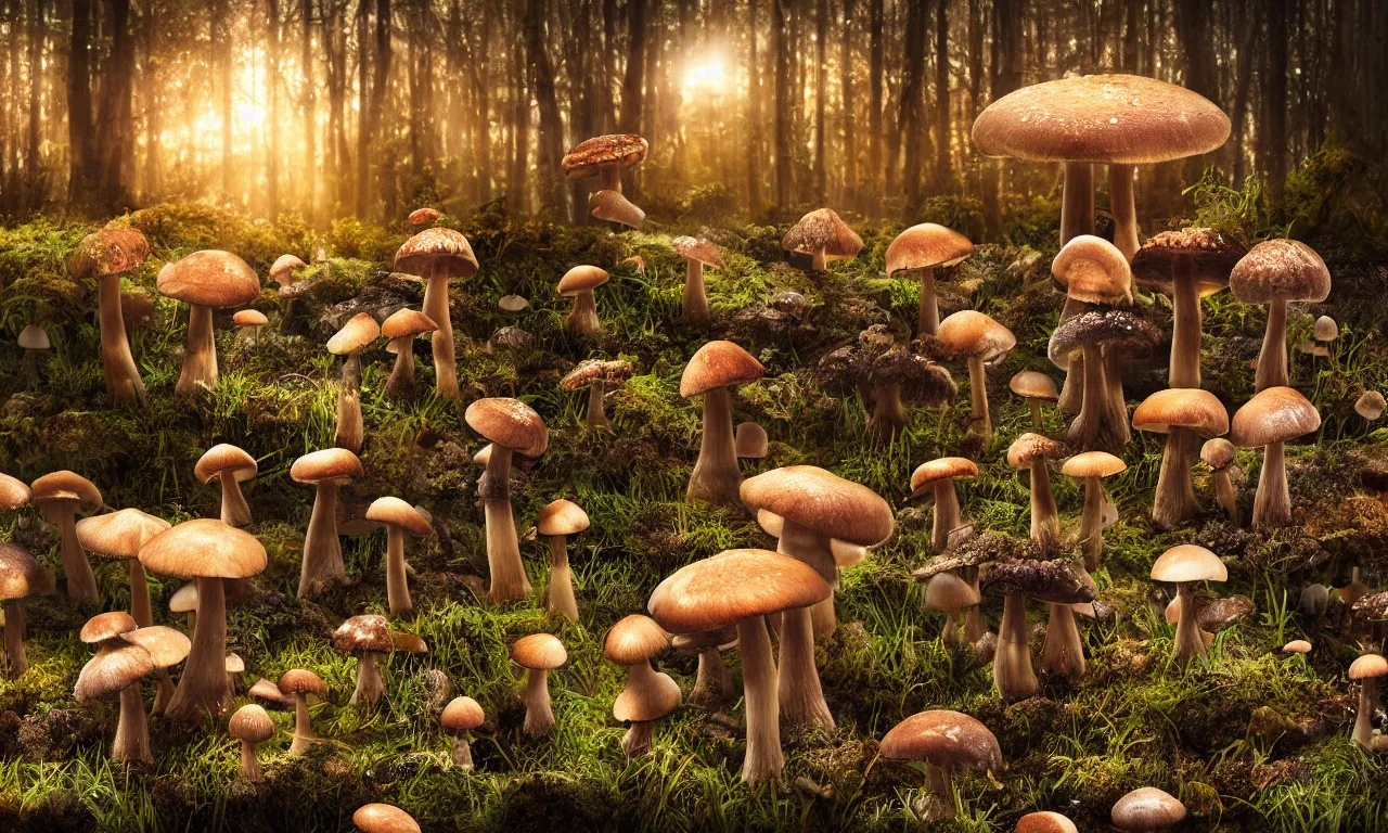 Prompt: a mushroom forest with creatures big and small roaming around beautiful lighting during golden hour by rob steen. 2 8 mm, f / 1. 8, realistic details. v - ray. professionally colour graded. concept art