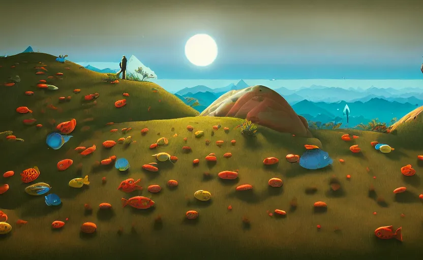 Prompt: A landscape painting of a hill with fishes floating in the sky by James Gilleard, Mark Ryden, Wolfgang Lettl highly detailed, Dark cineamtic and atmospheric lighting