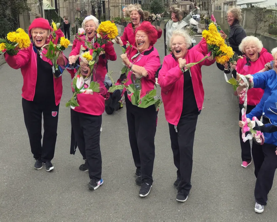 Image similar to a gang of old ladies waving flowers and large hammers, and wearing Umbro track suits laughing maniacally and screaming