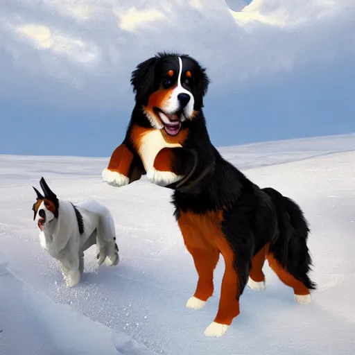 Image similar to girl riding giant Bernese Mountain Dog in the snow, trending on artstation