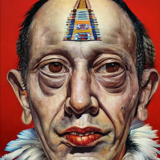 Image similar to high quality high detail painting by lucian freud, hd, portrait of an aztec priest with feathers, photorealistic lighting