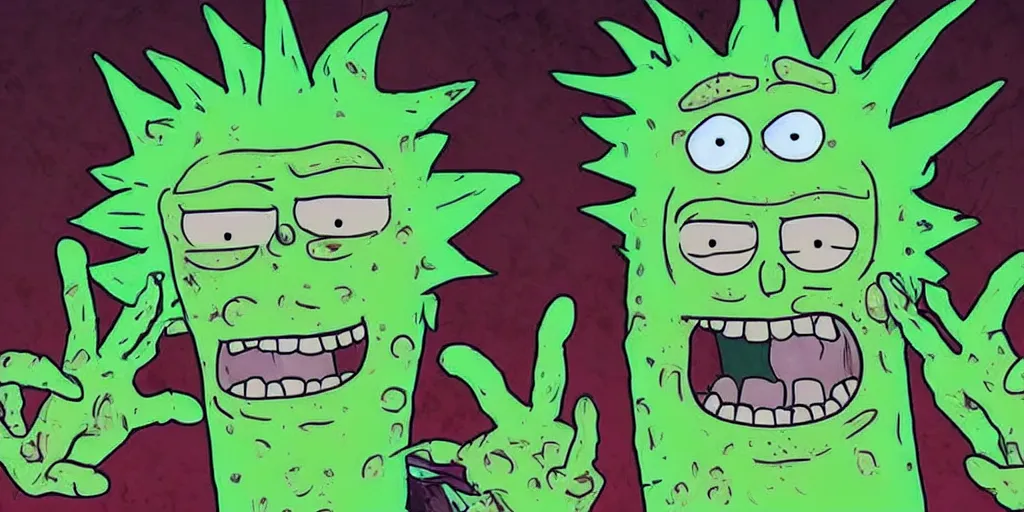 Image similar to Pickle Rick Sanchez after transforming into a pickle, terrified as his new body slowly breaks down into green goo