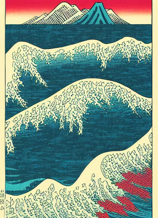 Image similar to a painting of waves in the ocean with mountains in the background, a woodcut by utagawa hiroshige ii, pixiv, ukiyoe, ukiyoe, vaporwave, woodcut