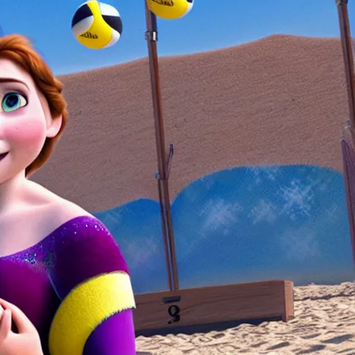 Image similar to anna from frozen playing beach volleyball, ultra realistic, 8 k, highly detailed