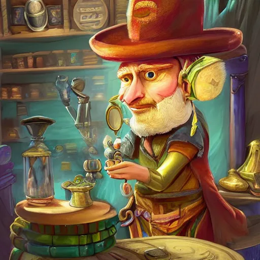 Image similar to Anthropomorphized parrot trader in his shop, selling a gem, portrait, items, magic potions, carpet, window, fancy hat, sly expression , cunning expression, cute expression, presenting magic gem, D&D, fantasy, cinematic lighting, highly detailed, digital painting, artstation, concept art, smooth, sharp focus, illustration, warm light, cozy warm tint, magic the gathering artwork, volumetric lighting, 8k, art by Akihiko Yoshida, Greg Rutkowski