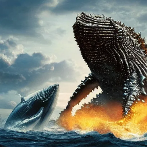 Prompt: whale in gold and silver armor fighting in the depths against godzilla, who has six arms and 5 0 legs