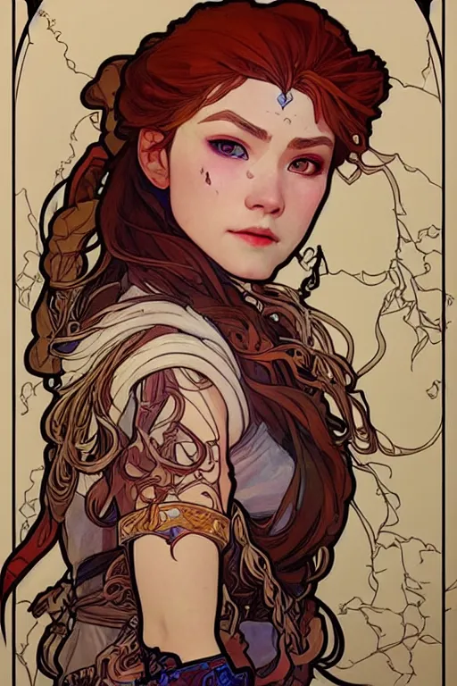 Prompt: beautiful art - nouveau portrait painting of aloy!!!!!, aloy!!!, artstation, horizon zero dawn!!!, art by mucha, detailed, fine line work