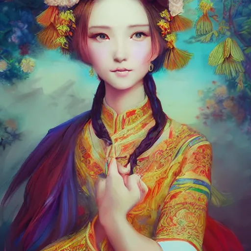 Prompt: of a very beautiful russian girl, full body portrait painting, wearing acient chinese clothes, soft vibrant colors, anime style, ultra detail, by wlop and ross tran and leonardo da vinci