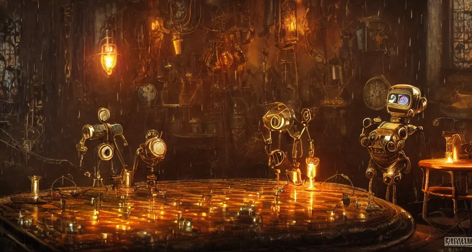 Image similar to a beautiful tapestry, a small robot playing 3 d chess, ultra detailed, atmospheric lighting, rain, steampunk, moody, candles, characters from machinarium, by don bluth, trending on artstation, octane render, 8 k, ultra realistic