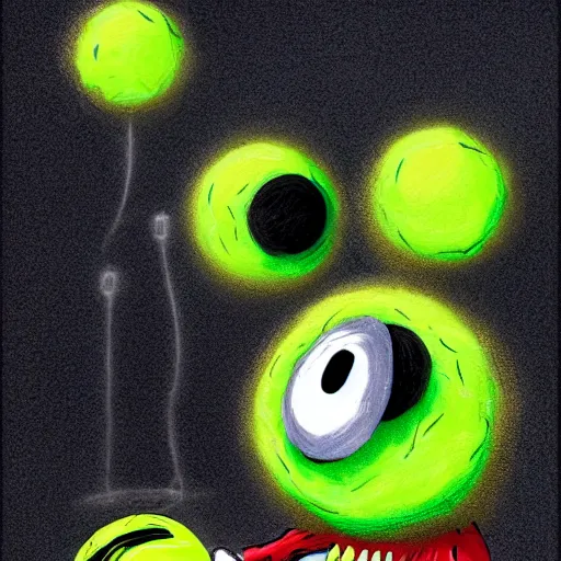 Image similar to a tennis ball monster, tennis ball, dark, chalky, mickey mouse, digital art, fantasy, magic, trending on artstation, ultra detailed, professional illustration by Basil Gogos