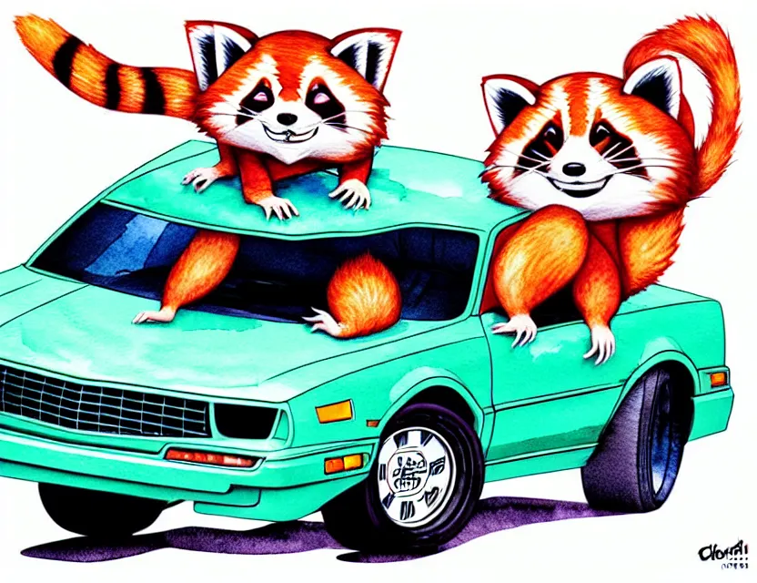 Image similar to cute and funny, redpanda riding in a tiny 1 9 8 7 chevy camaro, ratfink style by ed roth, centered award winning watercolor pen illustration, isometric illustration by chihiro iwasaki, edited by range murata, tiny details by artgerm and watercolor girl, symmetrically isometrically centered