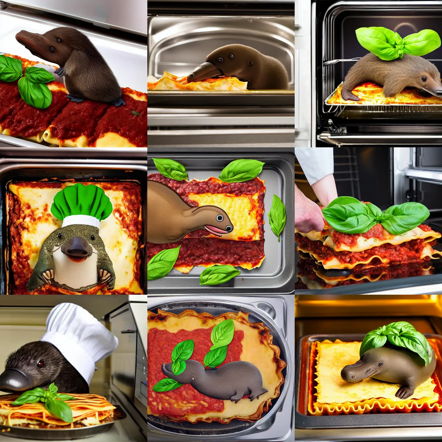 Image similar to platypus wearing a chef hat while putting a lasagna in an oven, with three basil leaves over the lasagna