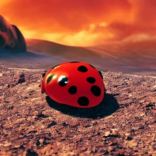 Image similar to promotional still wide angle, a mountain - sized ladybug with three legs roams a barren wasteland, dramatic lighting, ( e. t. the extra - terrestrial ), batteries not included, harry potter, imax, 7 0 mm.