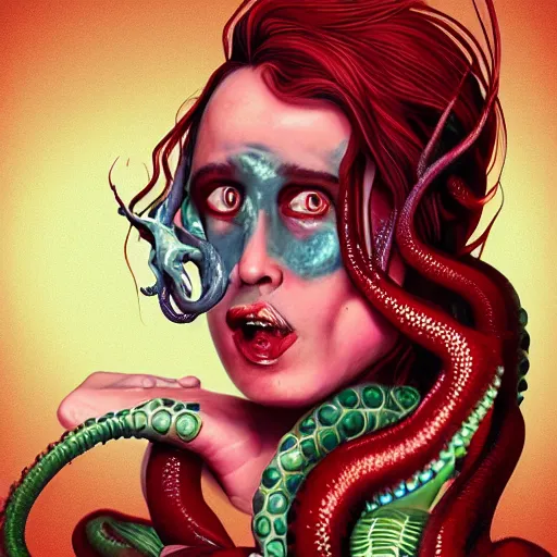 Image similar to highly photorealistic expired fuji film portrait of woman with long tentacled red tongue combined with stranger creatures, in the style of frank bairstow, artgerm, james cameron, marvel comics, ridley scott, cinematic lighting, imax quality, 8 k, award winning photography