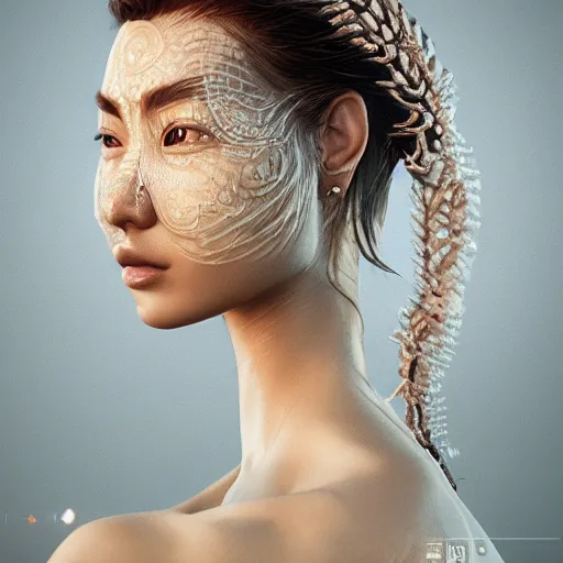 Image similar to intricate highly detailed face portrait of asian - european woman, light blue water vines on her face, intricate, cgsociety, unreal engine, octane render, sharp focus, smooth, volumetric lighting, cinematic composition, artstation