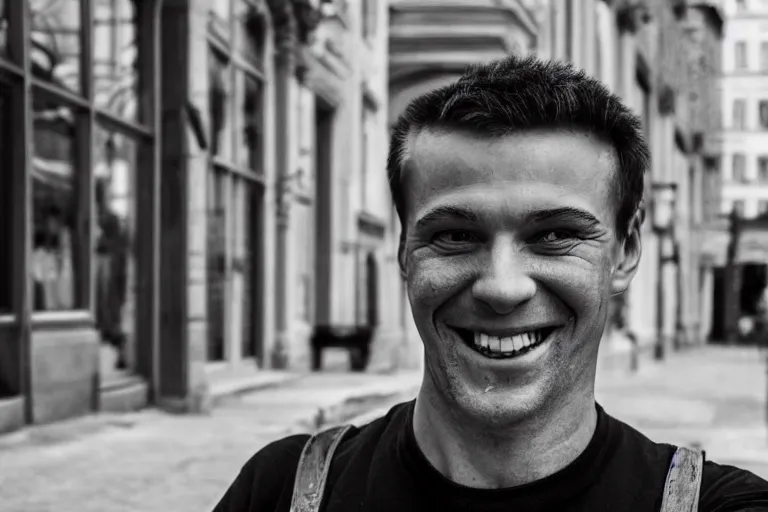 Image similar to still photo of a russian man smiling at the camera on the street, black and white color aesthetic, highly detailed, photorealistic portrait, bright studio setting, studio lighting, crisp quality and light reflections, unreal engine 5 quality render
