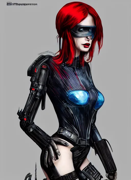 Image similar to a full body beautiful woman with red hair and blue eyes, wearing a cyberpunk outfit by hr giger, artgerm, sakimichan, weapons, electronics, high tech, cyber wear, latex dress, cosplay, batwoman, bandage, concept art, fantasy, cyberpunk