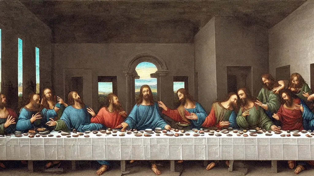 Image similar to the last supper by da vinci but jesus and his disciples are all dabbing