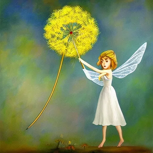 Prompt: a beautiful fairytale painting of a dandelion seed fairy