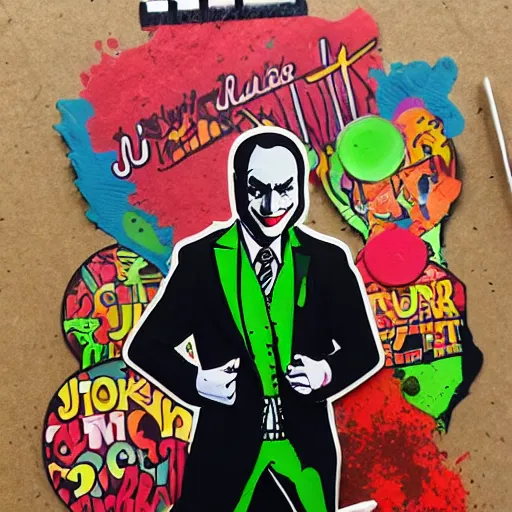 Prompt: die cut sticker, saul goodman wearing the joker suit, splatter paint