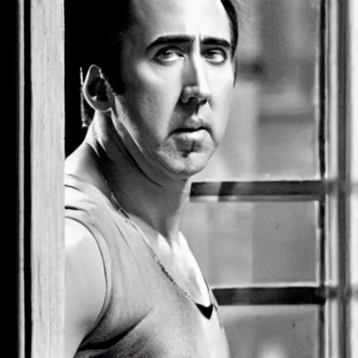 Image similar to nicholas cage as juliet in the window looking down at nicholas cage as romeo, beautiful cature of the stageplay nicholas and nicholas by shakespeare