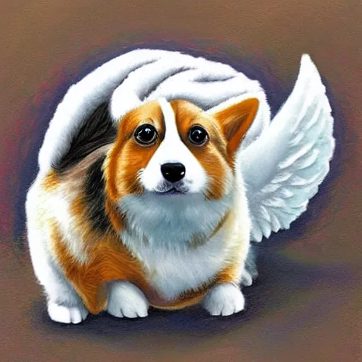 Prompt: a corgi with wings by taro okamoto