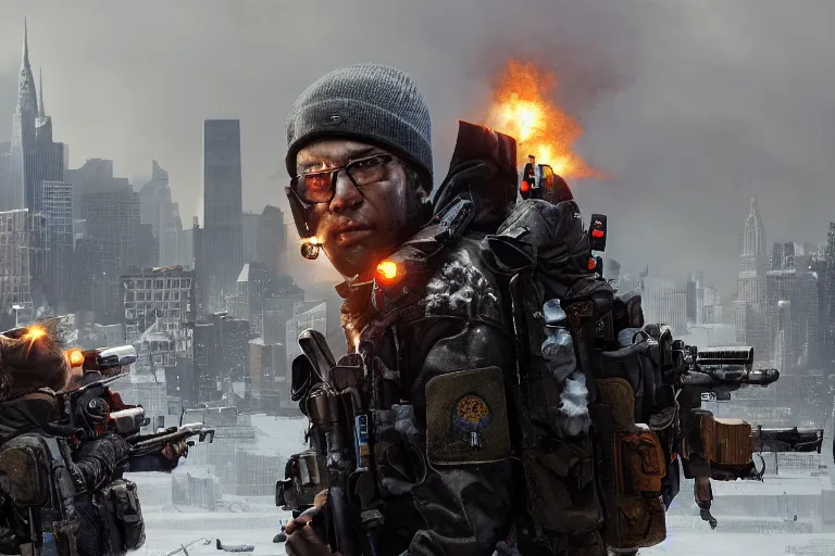 Image similar to close-up portrait of a group of agents from (Tom Clancy's The Division), (snowy new york in background), fires in background, high detail, digital art, matte painting, trending on artstation, by Tom Garden, by Marek Okon