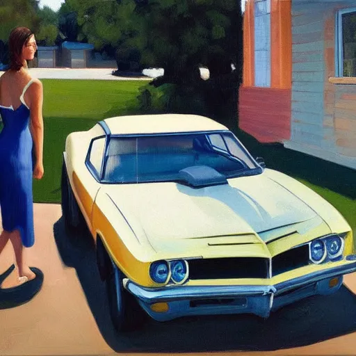 Image similar to Candid portrait, car in the background, dated a woman that lived on Cooterneck Road, She had a Catfish Camero and was cooler than me, by Edward Hopper, Bo Bartlett, and Cynthia Sheppard, Artstation