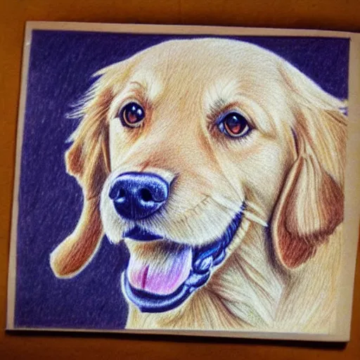 Prompt: finished 8 2 years old drawing of a golden retriever, crayons. high details, photorealistic, artstation trending