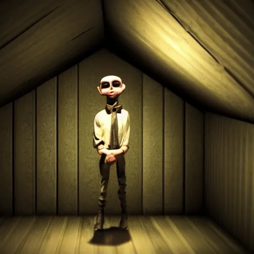 Prompt: dark attic with the man with a doll head, dark ,night, 3D, videogame