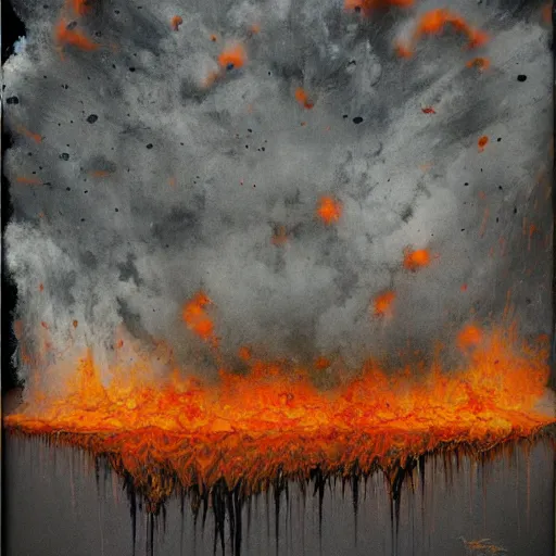 Image similar to a smooth grey cube being covered by extremely detailed splatters of abstract paint, engulfed in flames in the style of, pascal blanche, surreal, beksinski, high detailed