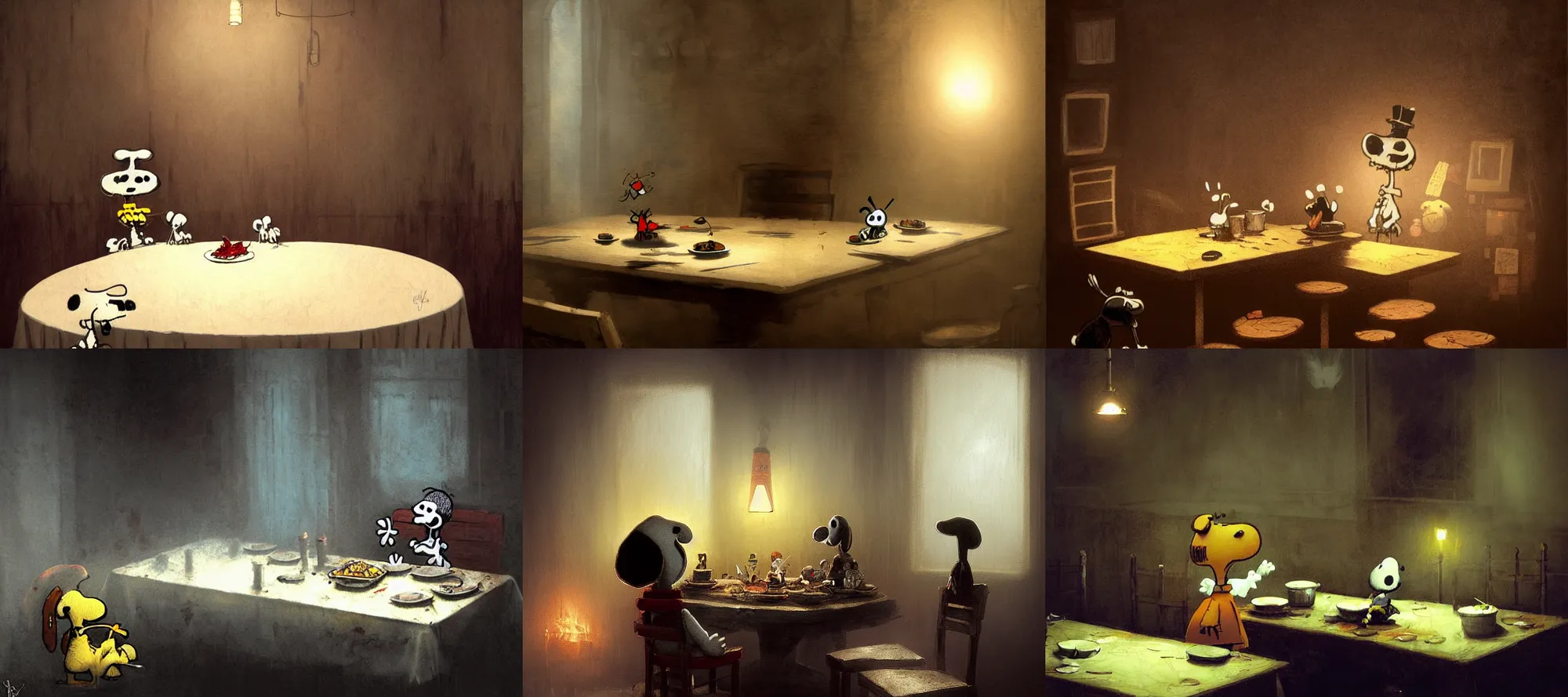 Prompt: snoopy fnaf silent hill eating dinner at a table in the backrooms happiness is temporary by greg rutkowski