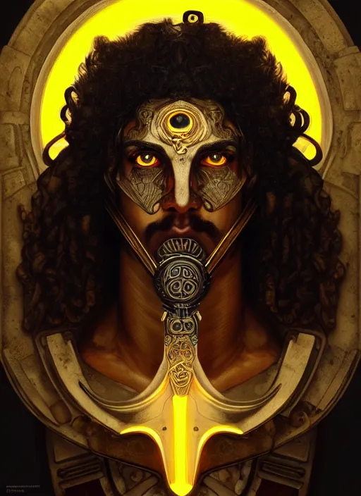 Image similar to portrait of greek god ares, black curly hair, glowing eyes, volumetric lights, war, yellow red scheme, art nouveau botanicals, gothic, intricate, highly detailed, digital painting, artstation, concept art, smooth, sharp focus, symmetric face, illustration, steampunk, art by artgerm and greg rutkowski and alphonse mucha