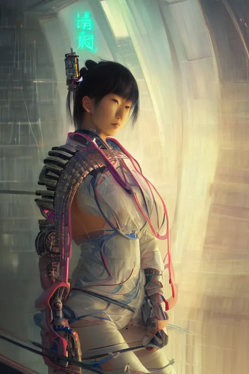 Image similar to portrait futuristic Samurai Girl, in future cyberpunk tokyo rooftop , ssci-fi, fantasy, intricate, very very beautiful, elegant, human anatomy, neon light, highly detailed, digital painting, artstation, concept art, smooth, sharp focus, illustration, art by tian zi and WLOP and alphonse mucha