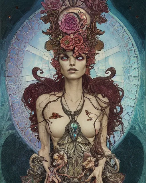 Image similar to perfectly centered portrait front view of a angry dead rotten beautiful female corpse growing ornamentation all around, ornate, ornaments, detailed, symmetrical, elegant, beautifully soft lit, by wayne barlowe, peter mohrbacher, kelly mckernan, alphonse mucha