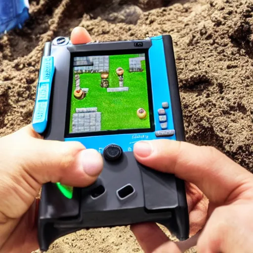 Prompt: archeologists excavate an ancient game boy advance