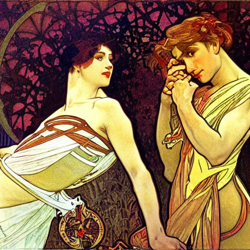 Prompt: narcissus and echo, painted by alphonse mucha