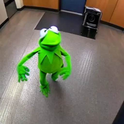 Prompt: kermit the frog wearing a mask and robbing a bank, security camera footage