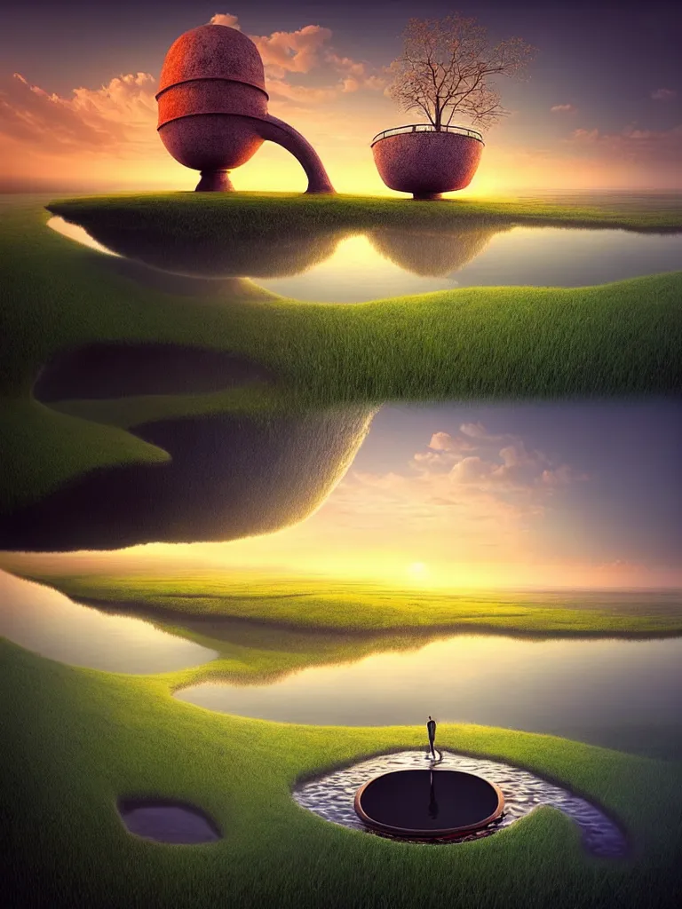 Image similar to a surreal landscape at sunset with a immense gigantic ornated iron chalice cup with a lake inside, water in excess dropping by gediminas pranckevicius