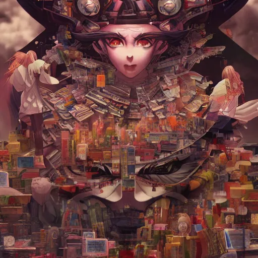 Image similar to Just living in the database as the madness of the system grows by Gigadō Ashiyuki, anime rendered in hyperdetailed Ultra HD, trending on ArtStation, luminous,