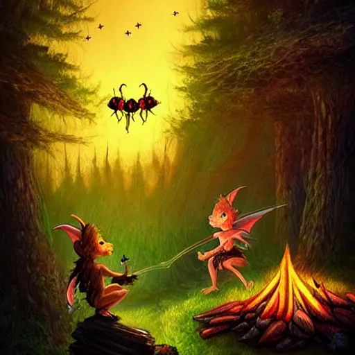 Image similar to goblins, imps, fairies and fireflies in a fantasy world, forest clearing with a campfire at night, epic fantasy style art