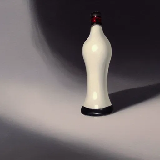 Image similar to concept art of a magic bottle filled with white ivory liquid, black top, by gil elvgren, white tones, white background, digital painting, artstation, concept art, smooth, sharp foccus ilustration hq