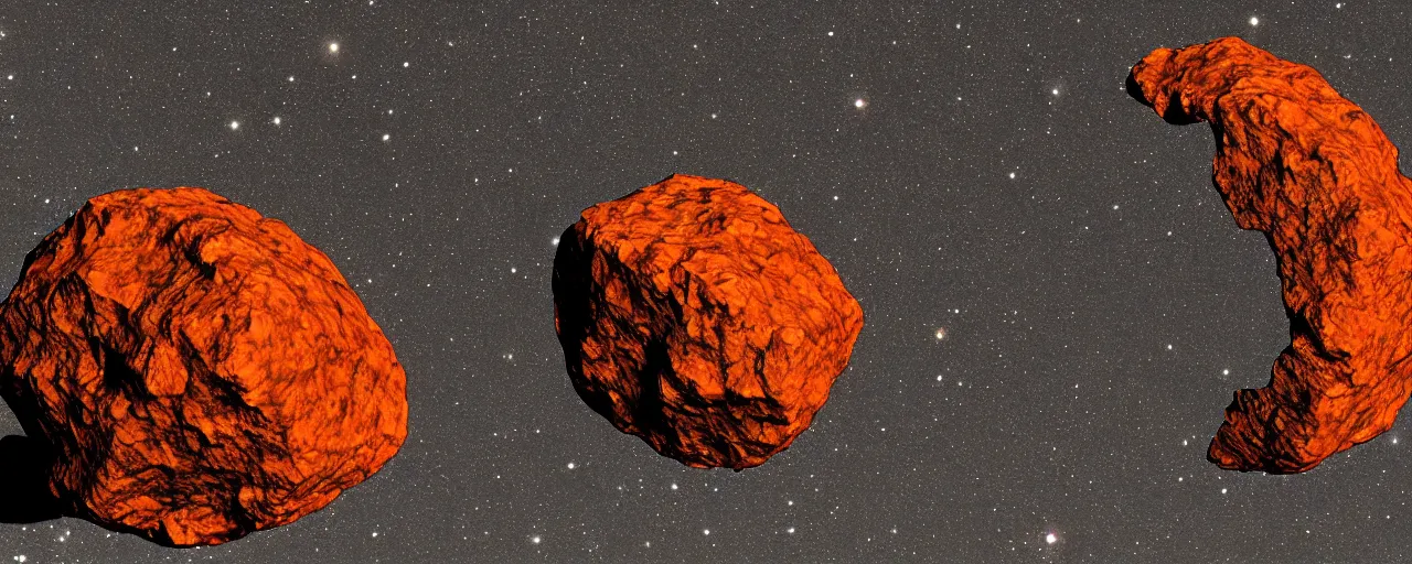 Prompt: asteroid made of iron and orange crystal, photorealism, ultra sharp, 8 k.