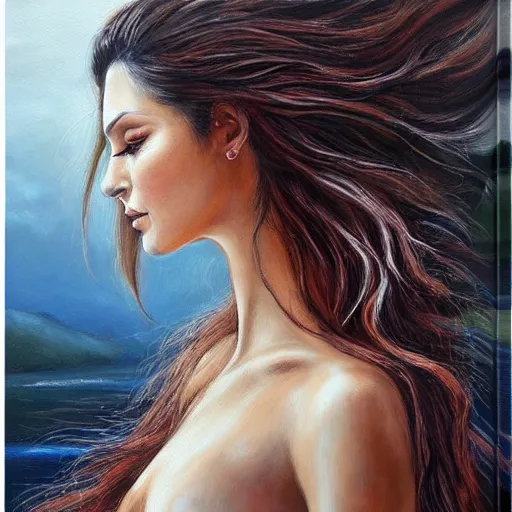 Image similar to a side view of a beautiful woman, long flowing hair, facing a wolf, side view, with nature elements throughout, canvas painting, highly detailed, art by dimitra milan.