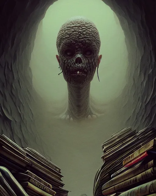 Image similar to highly detailed surreal vfx portrait of a creepy monster in a catacomb of books, stephen bliss, unreal engine, greg rutkowski, loish, rhads, beeple, makoto shinkai and lois van baarle, ilya kuvshinov, rossdraws, tom bagshaw, alphonse mucha, global illumination, detailed and intricate environment