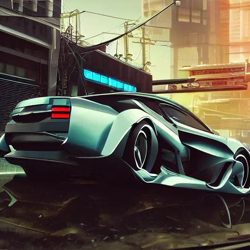 Image similar to shiny car of the future on blocks with wheels removed, high detail, 8 k render, trending on artstation, cyberpunk