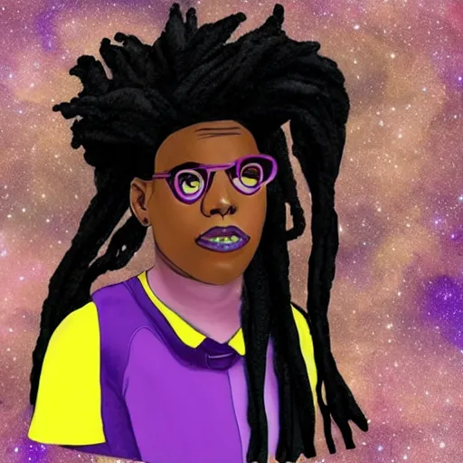 Prompt: black nonbinary person with purple dreads in space